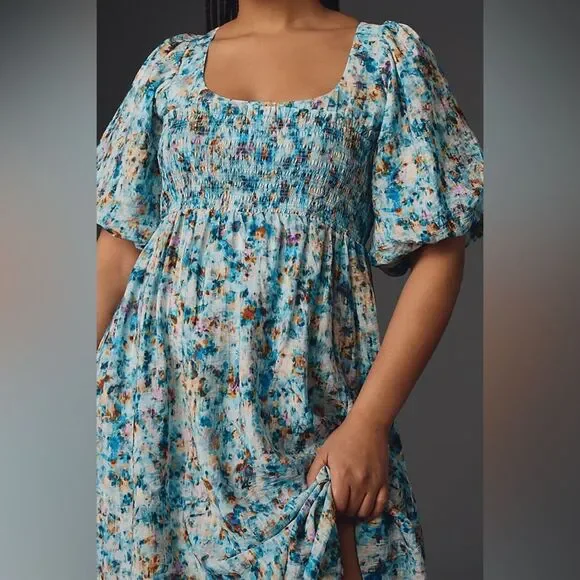 By Anthropologie Blue Floral Short-Sleeve Smocked Babydoll Midi Dress Size 3X - Picture 3 of 10